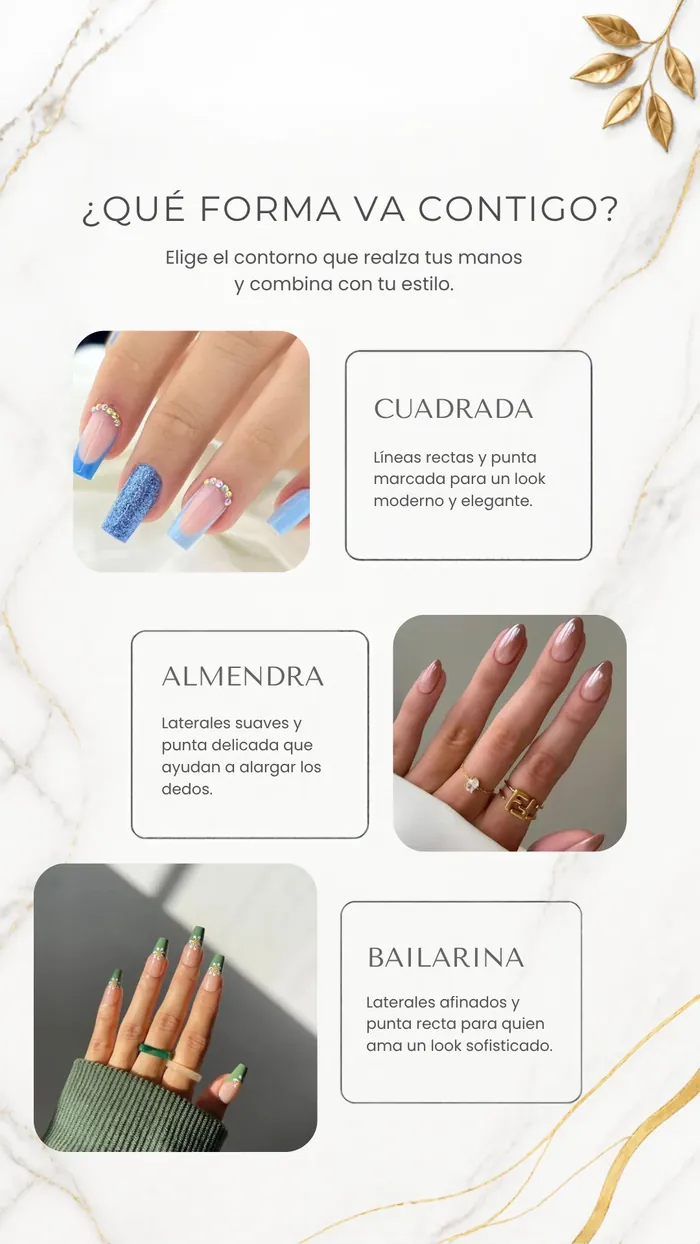 Formas de uñas: cuadrada, almendra y bailarina
