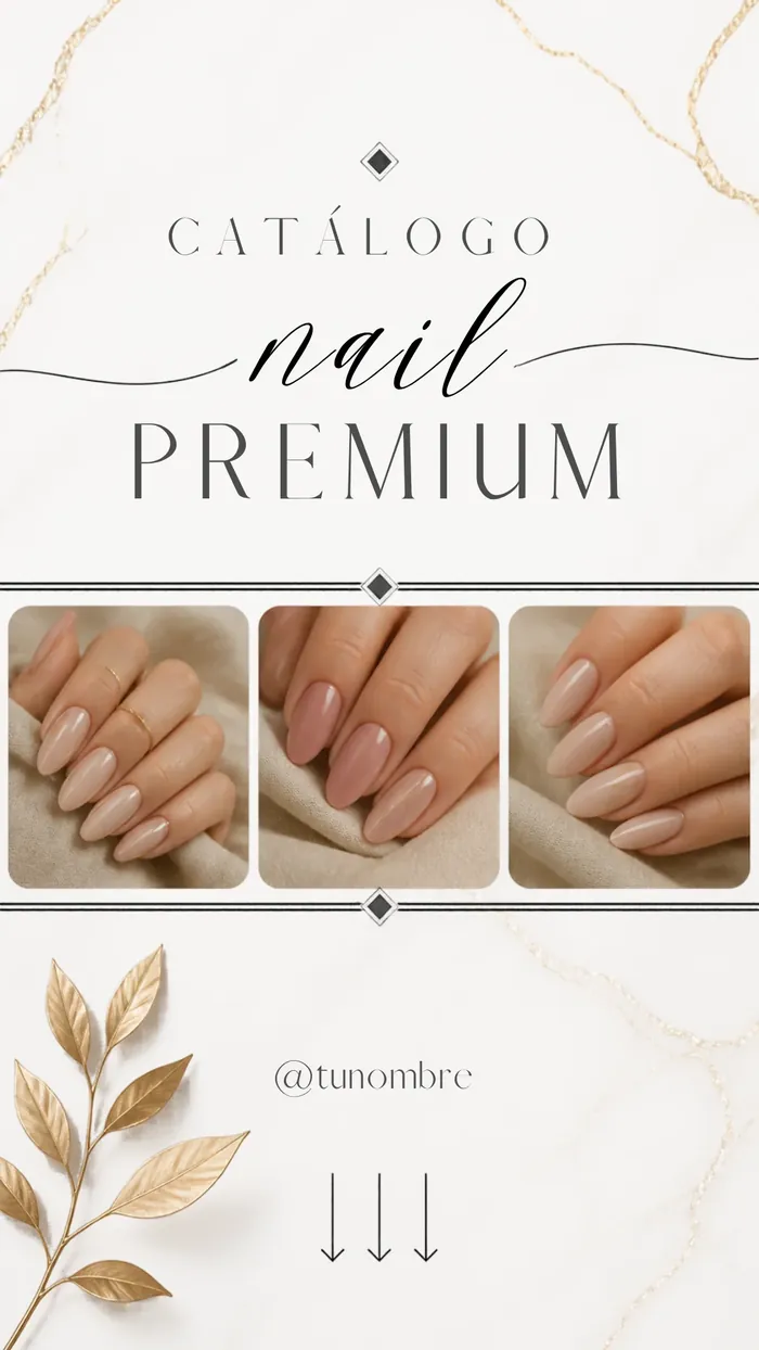 Portada del catálogo actualizado: Catálogo Nail Premium con tres fotos de manicura
