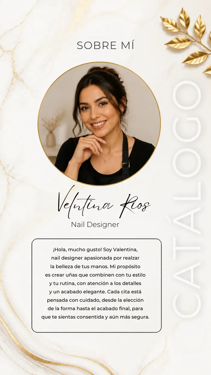 Página Sobre Mí con retrato, firma y biografía de la nail designer