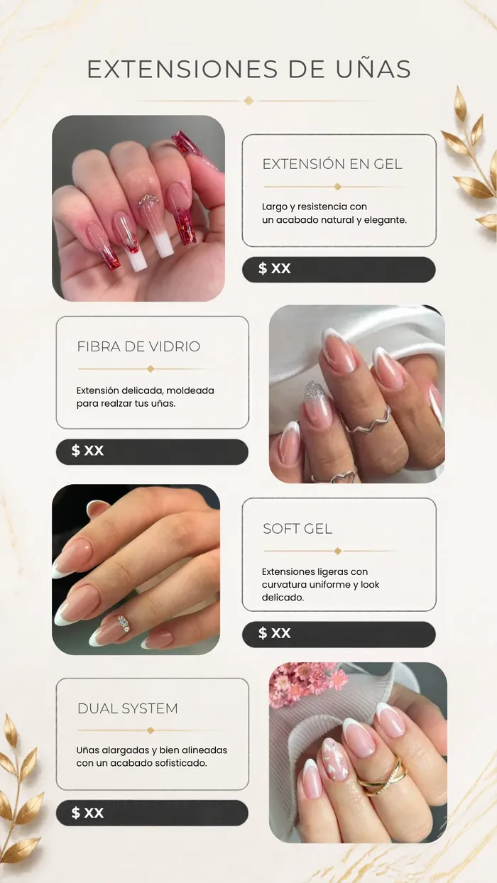 Extensiones de uñas: gel, fibra de vidrio, soft gel y dual system con precios