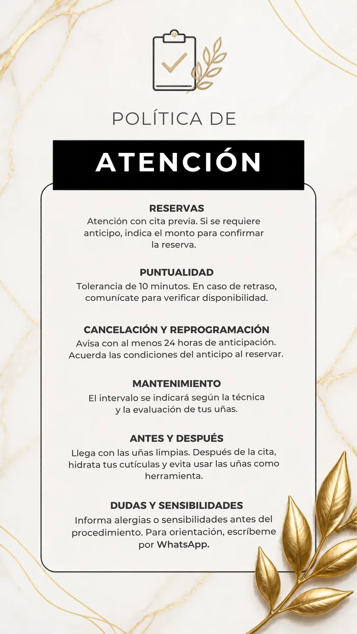 Política de atención: reservas, puntualidad, cancelación, mantenimiento y dudas